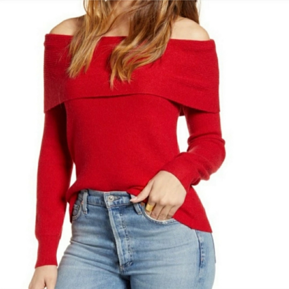 Leith Red Off-the-Shoulder Sweater